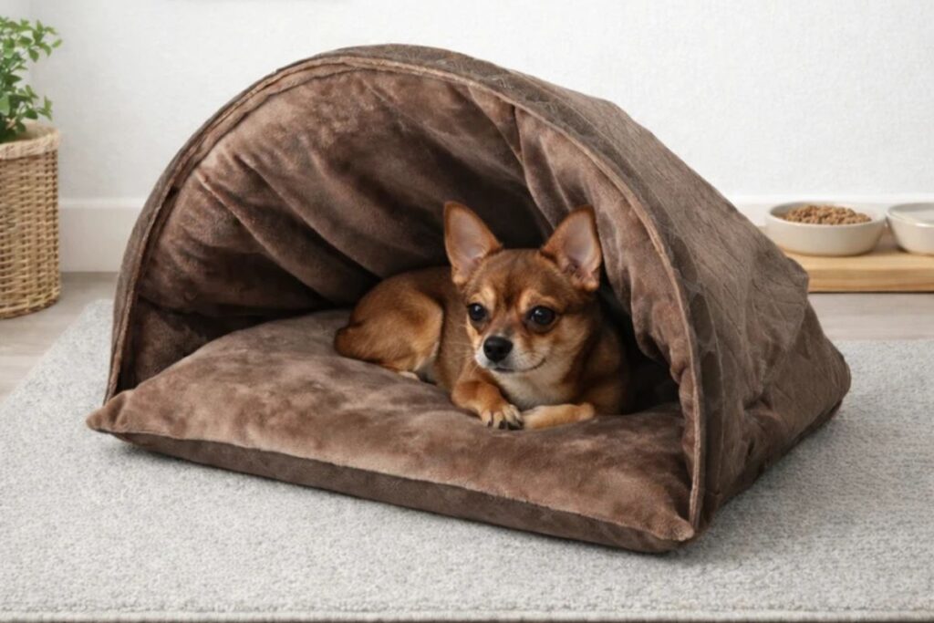 Cachorro Chihuahua descansando em cama tipo toca de tecido macio.