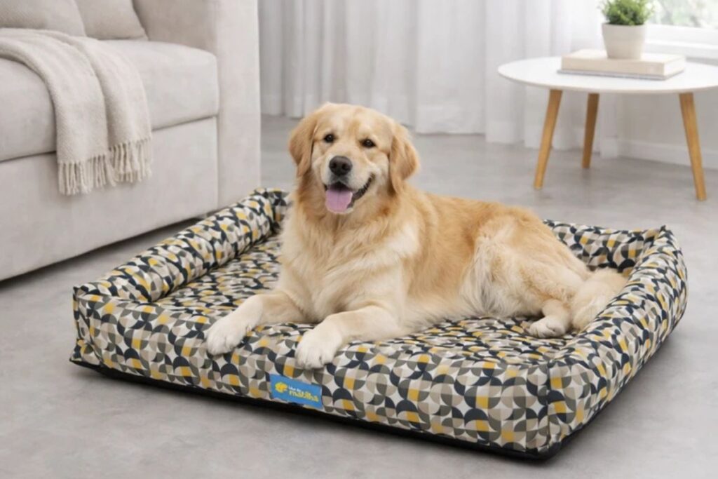 Cachorro Golden Retriever deitado em cama confortável para cachorro grande dentro de casa.