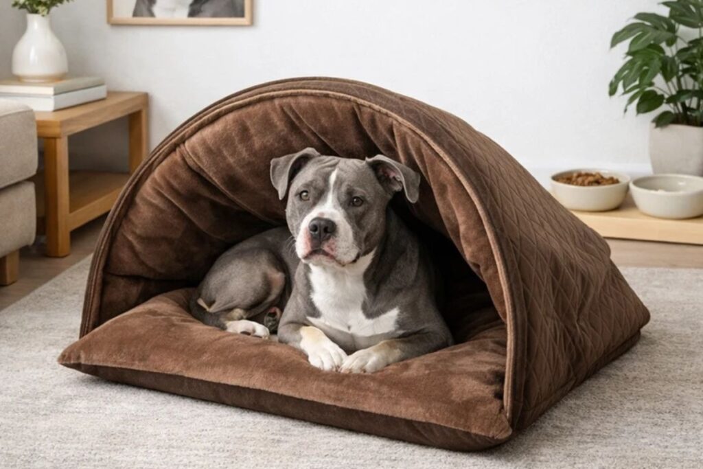 Cachorro de grande porte deitado em cama toca marrom acolchoada dentro de casa.