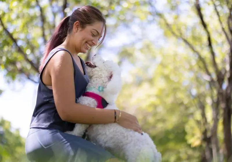 mulher com cachorro no colo