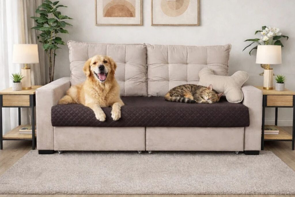 Cachorro Golden Retriever e gato descansando sobre protetor de sofá impermeável.