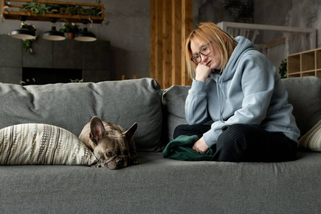 Cão triste deitado no sofá ao lado de sua dona