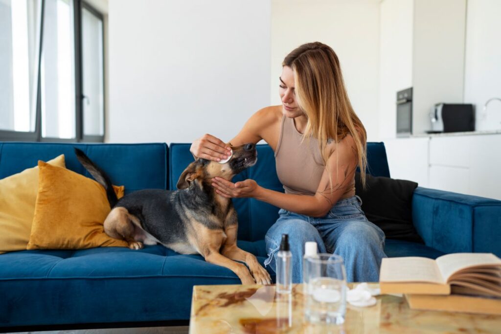 Mulher cuidando de seu cachorro