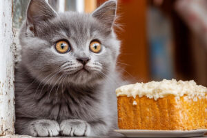 Gato cinza curioso ao lado de bolo de cenoura