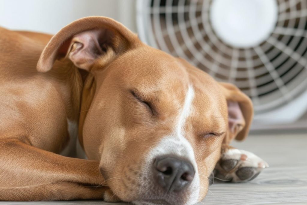 Cachorro dormindo ao lado de um ventilador