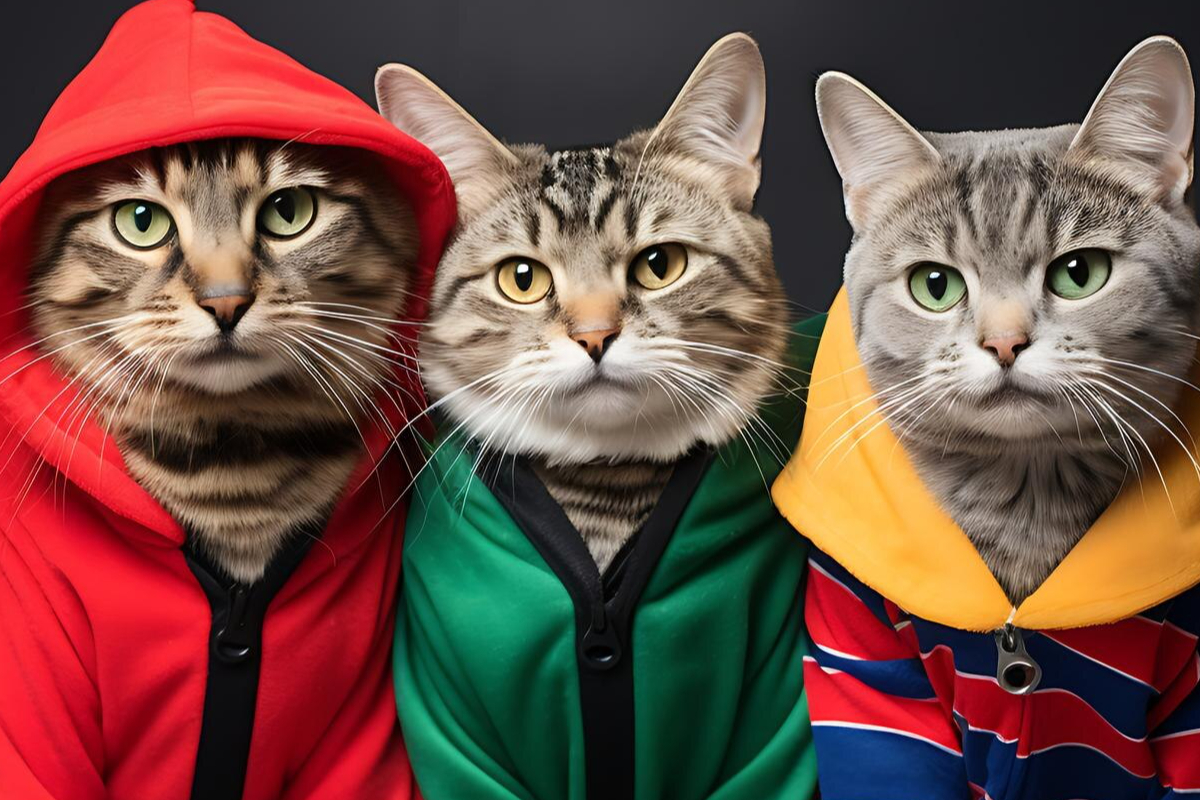 Gatos vestidos com capuz coloridos