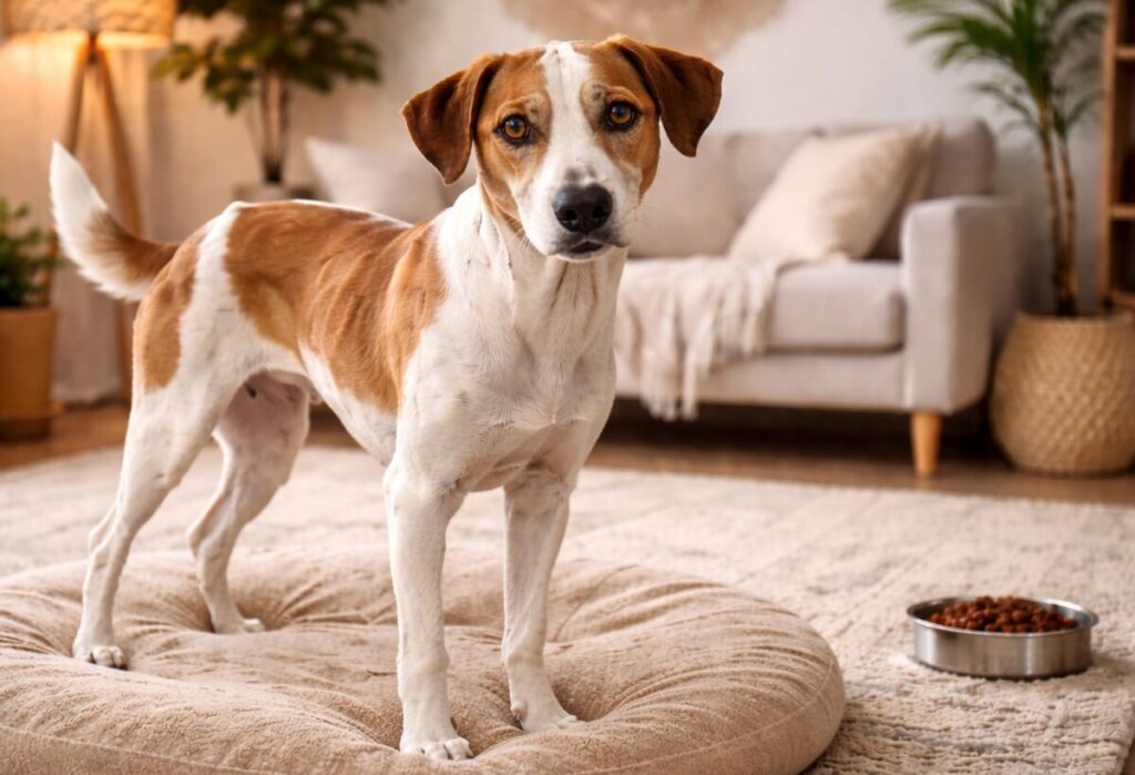Cachorro de porte médio em ambiente doméstico
