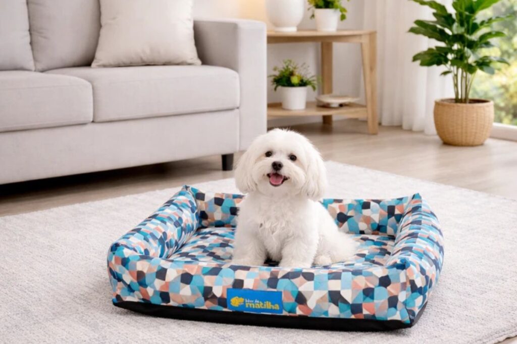 Cachorro branco de pequeno porte sentado em cama pet impermeável estampada dentro de casa.