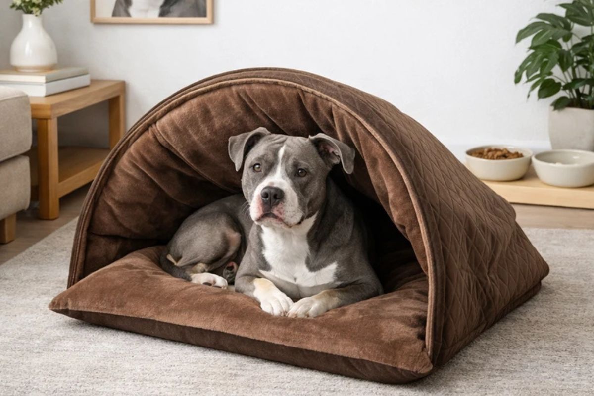 Cachorro deitado em cama toca marrom acolchoada para pets.