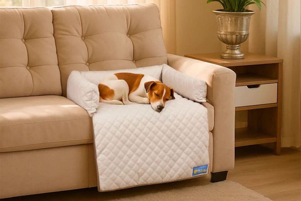 Cachorro dormindo em protetor de sofá branco com laterais elevadas.