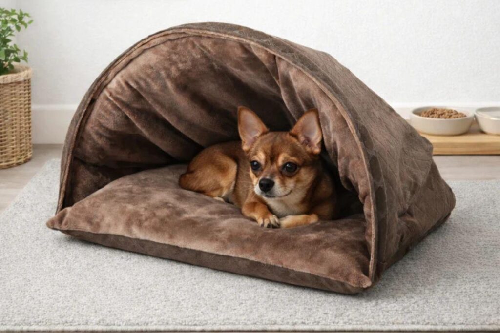 Um cachorro de pequeno porte com pelagem curta marrom e preta, da raça Chihuahua, está deitado de bruços dentro de uma cama tipo toca de pelúcia marrom com cobertura em arco, posicionada sobre um tapete cinza.