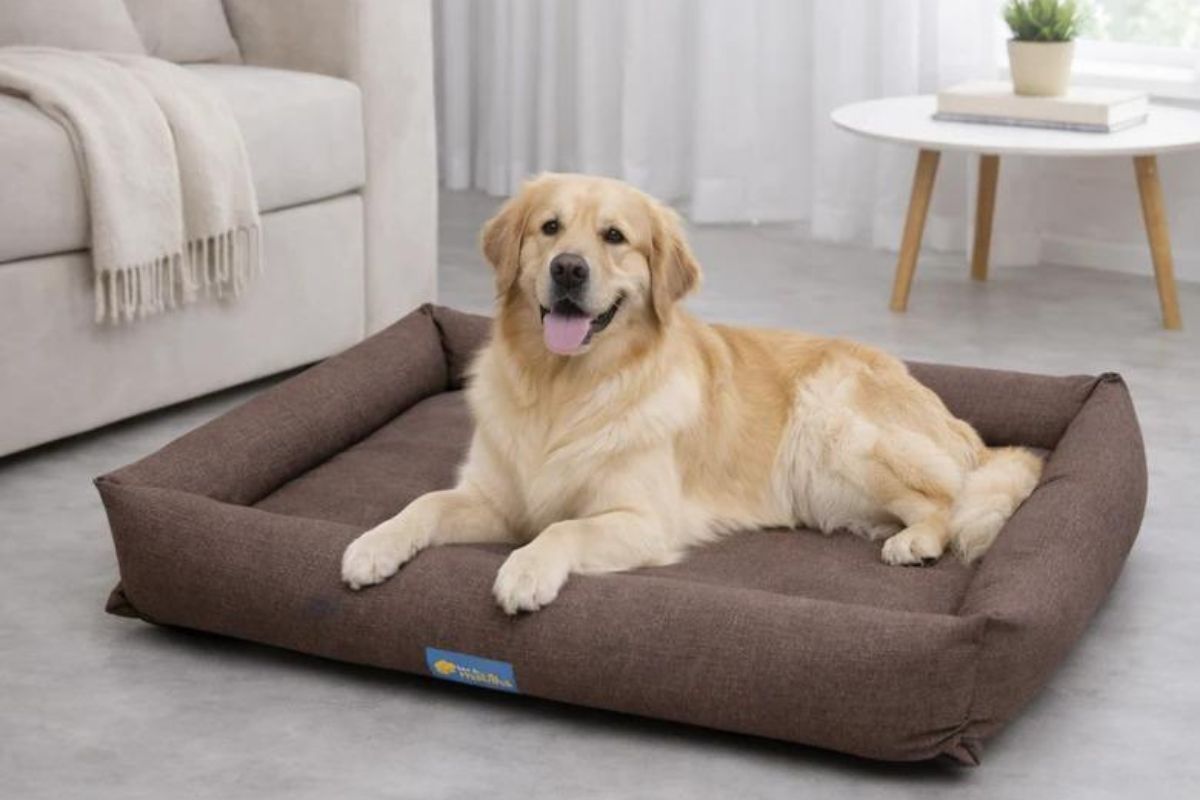 Um cachorro de grande porte com pelagem longa e dourada, da raça Golden Retriever, está deitado de bruços no centro de uma cama pet retangular marrom-escura com bordas elevadas, posicionada sobre um piso cinza em uma sala.