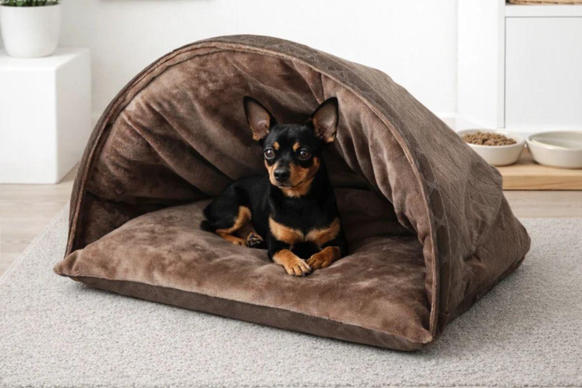 Um cachorro filhote com pelagem curta preta e marcações caramelo, da raça Pinscher, está deitado de bruços dentro de uma cama tipo toca de pelúcia marrom com cobertura em arco, posicionada sobre um tapete cinza.