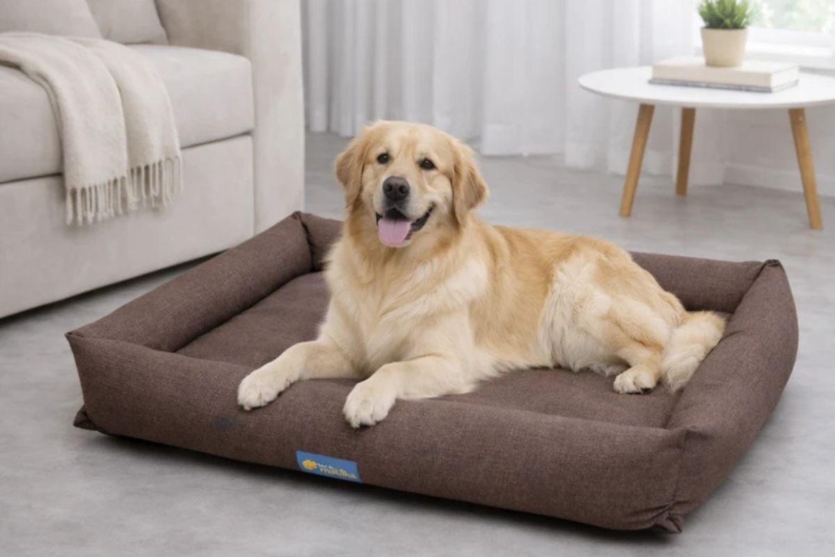 Um cachorro de grande porte com pelagem longa e dourada, da raça Golden Retriever, está deitado de bruços no centro de uma cama pet retangular marrom com bordas elevadas, posicionada sobre um piso cinza em uma sala.