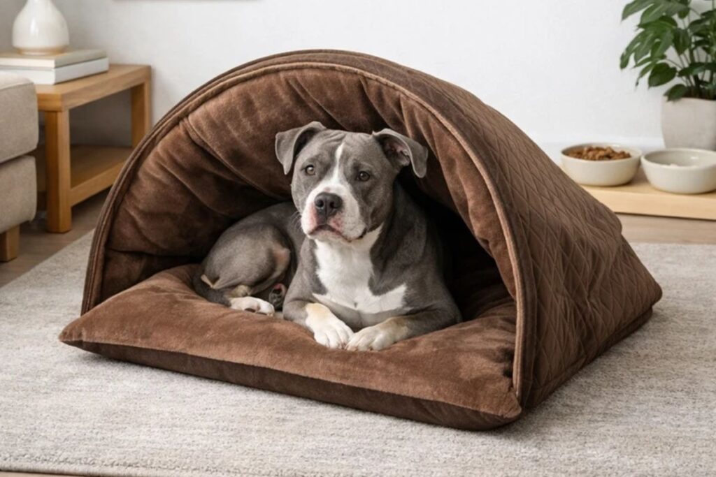 Um cachorro de grande porte com pelagem curta cinza-azulada e peito branco, da raça American Bully, está deitado de bruços dentro de uma cama tipo toca de pelúcia marrom com cobertura em arco, posicionada sobre um tapete cinza.