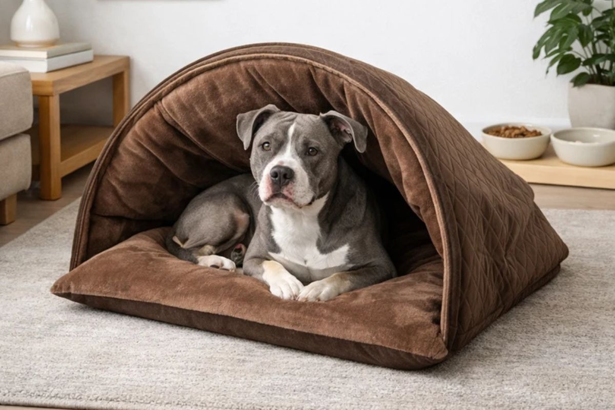 Um cachorro de grande porte com pelagem curta cinza-azulada e peito branco, da raça American Bully, está deitado de bruços dentro de uma cama tipo toca de pelúcia marrom com cobertura em arco, posicionada sobre um tapete cinza.