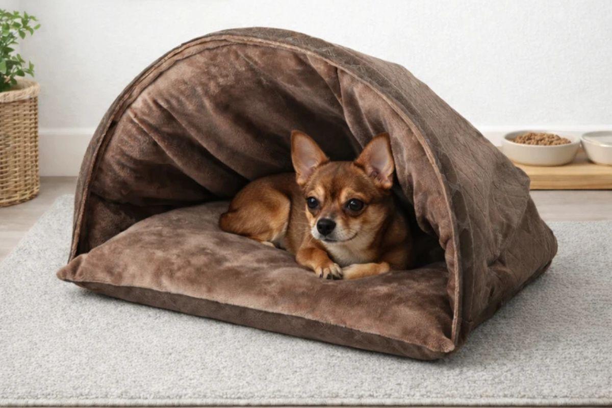 Um cachorro de pequeno porte com pelagem curta marrom e preta, da raça Chihuahua, está deitado de bruços dentro de uma cama tipo toca de pelúcia marrom com cobertura em arco, posicionada sobre um tapete cinza.