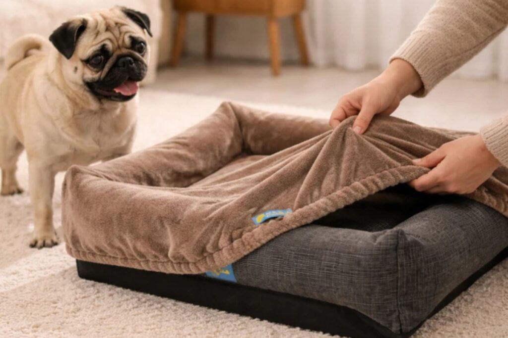 Pessoa retirando a capa de uma cama pet enquanto um cachorro observa ao lado.