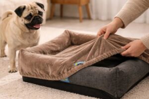 Pessoa retirando a capa de uma cama pet enquanto um cachorro observa ao lado.