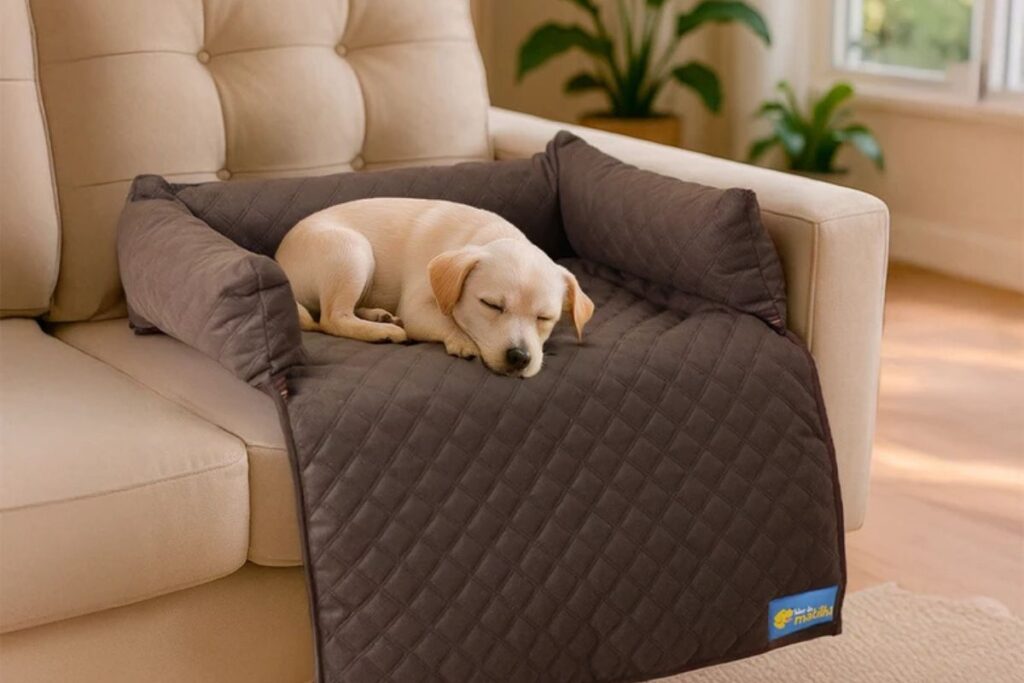 Cachorro pequeno dormindo em protetor de sofá acolchoado com cama integrada para pets.