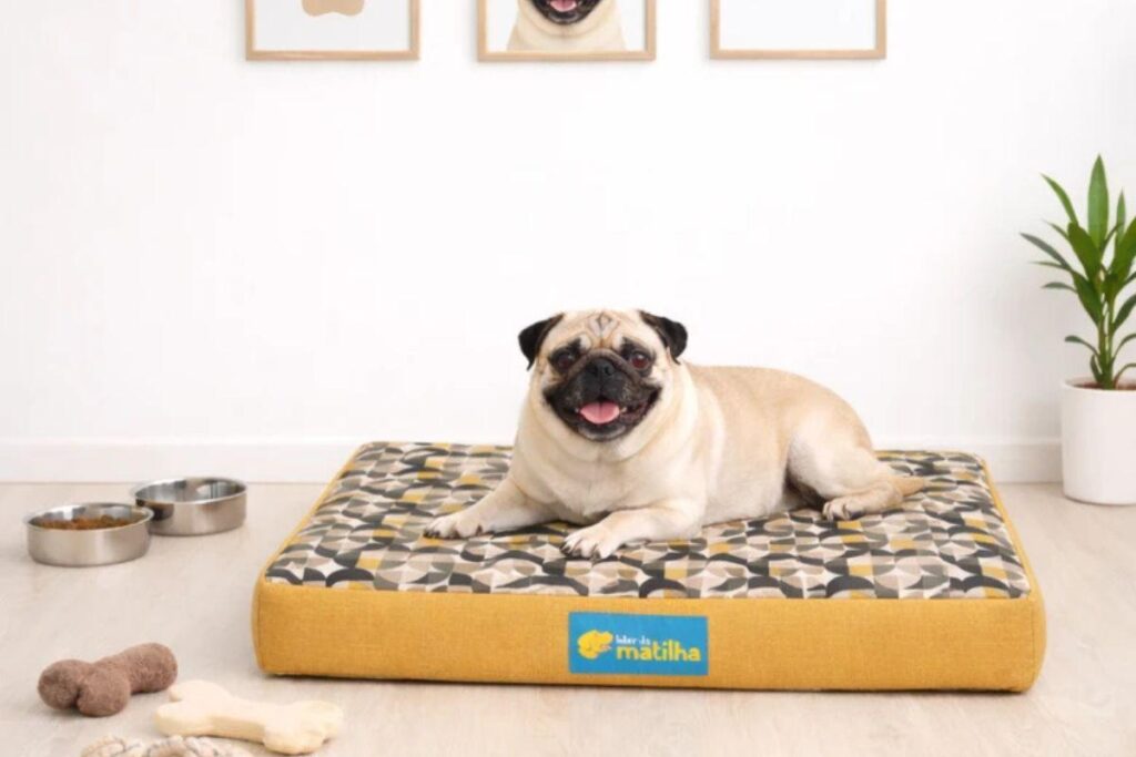 Um cachorro de pequeno porte com pelagem curta em tom bege e máscara facial preta, da raça Pug, está deitado de bruços no centro de um colchão pet retangular plano com estampa geométrica cinza e amarela e laterais amarelas, posicionado sobre um piso claro.