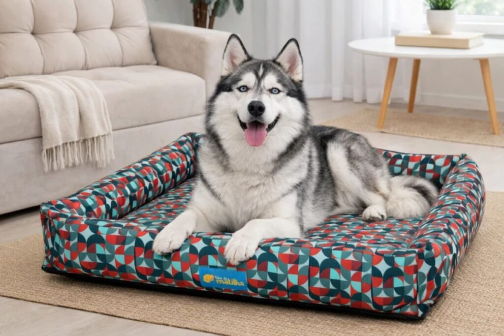 Cachorro Husky deitado em cama pet impermeável estampada em ambiente residencial.