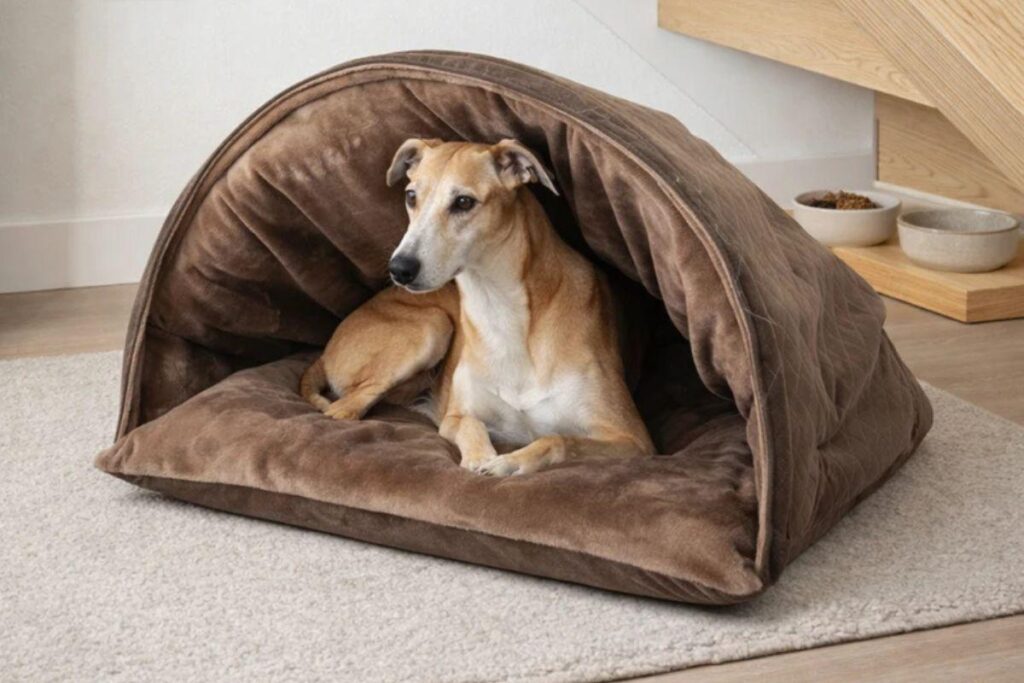 Um cachorro adulto de porte médio com pelagem curta em tons de caramelo e branco, de pescoço longo e orelhas caídas, está deitado de bruços dentro de uma cama tipo toca de pelúcia marrom com cobertura em arco, posicionada sobre um tapete claro.