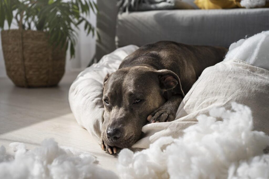 Um cachorro de porte médio com pelagem curta e escura, da raça American Pit Bull Terrier, está deitado de bruços sobre uma caminha de tecido bege danificada, com flocos de enchimento brancos espalhados pelo chão em primeiro plano.