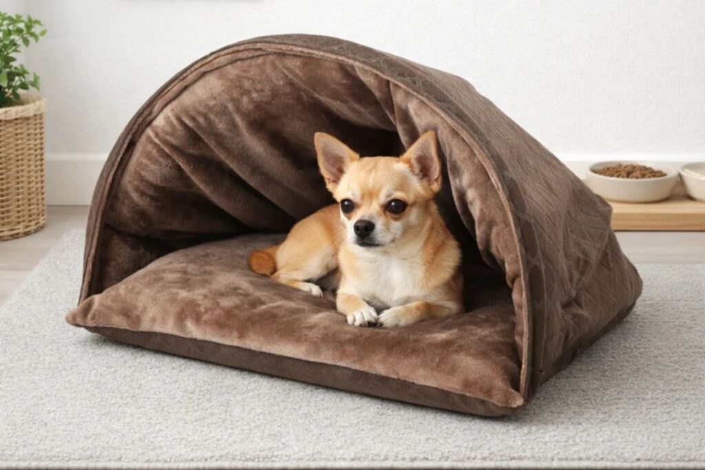 Um cachorro de micro porte com pelagem curta e cor caramelo, da raça Chihuahua, está deitado de bruços no centro de uma cama tipo toca de pelúcia marrom com cobertura em arco, posicionada sobre um tapete cinza.