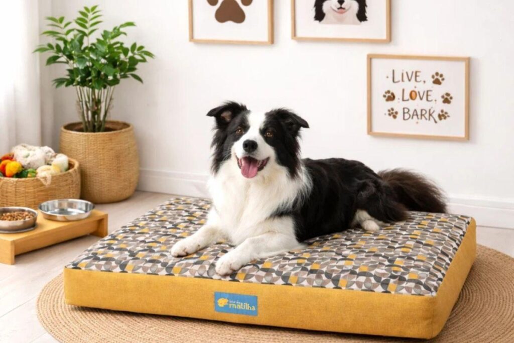 Cachorro da raça Border Collie deitado em cama pet grande e acolchoada em ambiente interno.