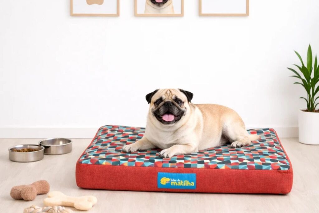 Cachorro da raça Pug deitado em cama pet estampada e acolchoada dentro de casa.