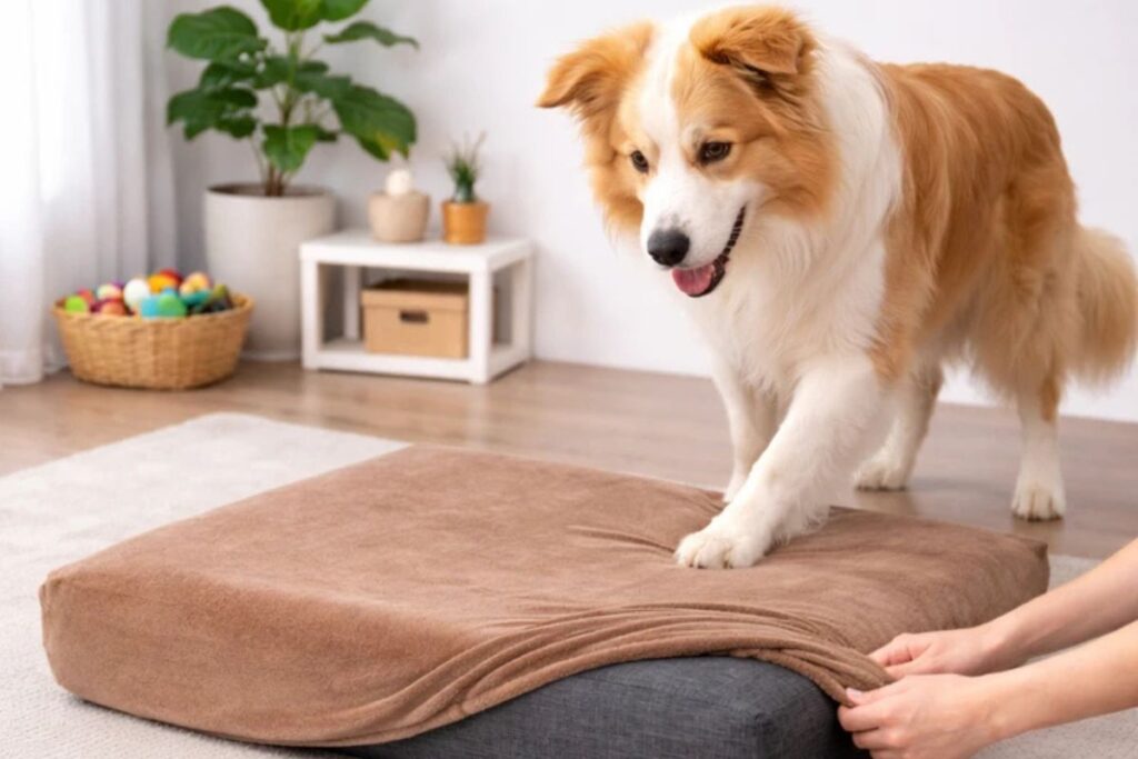 Cachorro de porte médio sobre cama pet enquanto uma pessoa remove a capa para lavagem.