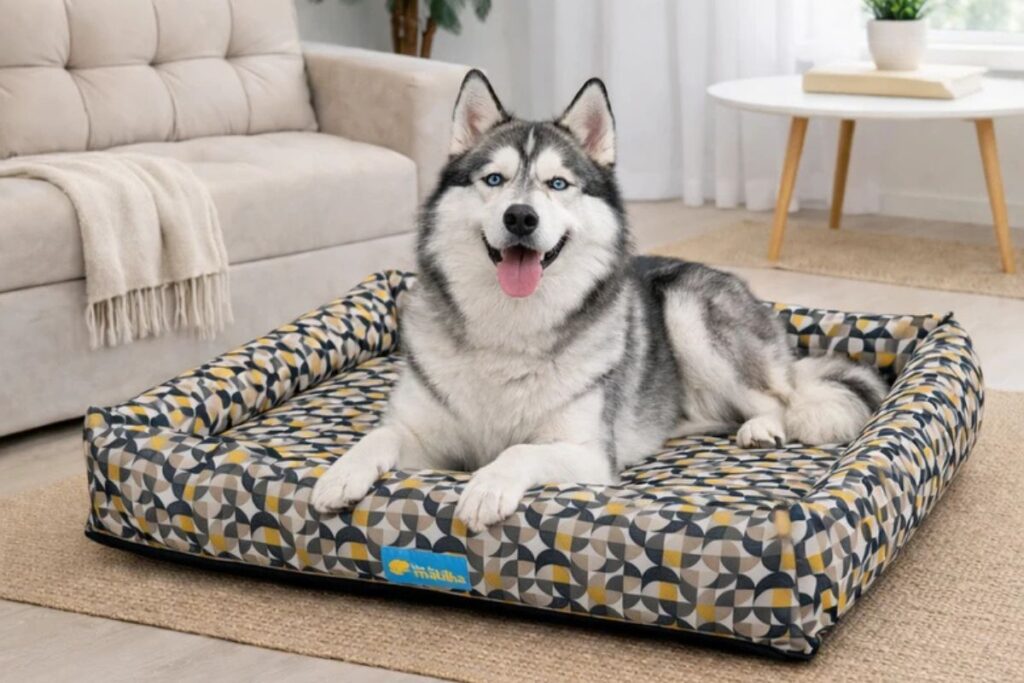 Um cachorro de grande porte da raça Husky Siberiano, com pelagem cinza e branca e olhos azuis, está deitado de bruços em uma grande cama retangular com estampa geométrica colorida, localizada na sala de uma residência.