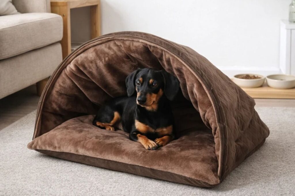 Cachorro Dachshund descansando dentro de cama toca impermeável marrom para pets.