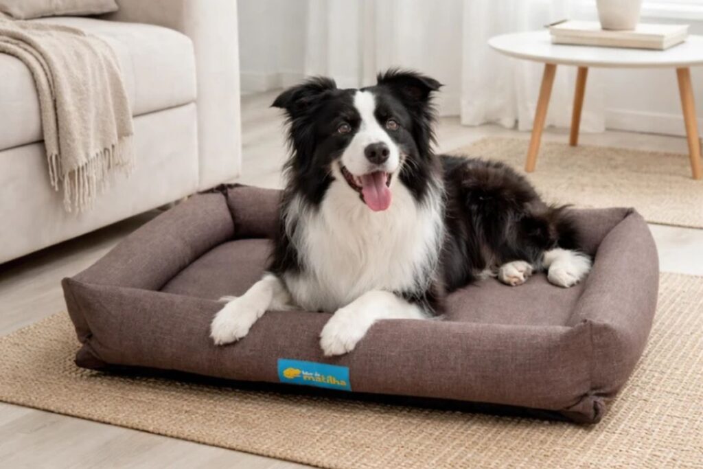 Border Collie relaxando em cama pet marrom com laterais acolchoadas.