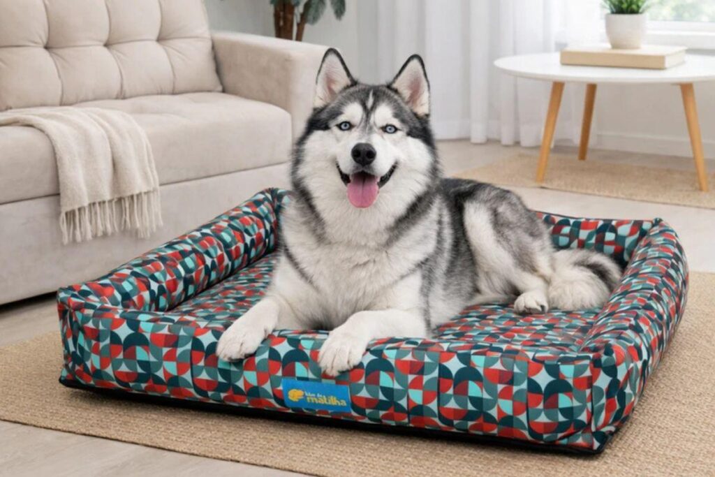 Um cachorro da raça Husky Siberiano, com pelagem cinza, preta e branca e olhos azuis claros, está deitado de bruços no centro de uma cama pet retangular com estampa geométrica nas cores verde, vermelha e branca, posicionada sobre um tapete de fibra natural em uma sala.