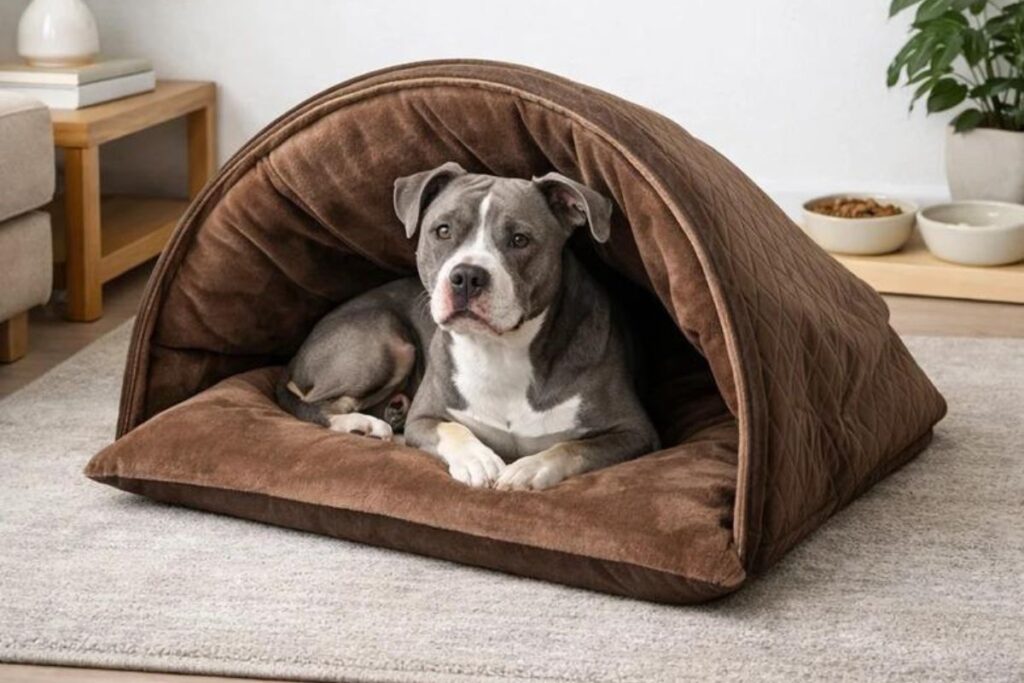 Um cachorro adulto de porte médio a grande com pelagem curta cinza e branca, de forte porte muscular e orelhas caídas, está deitado de bruços dentro de uma cama tipo toca de pelúcia marrom com cobertura em arco, posicionada sobre um tapete claro.