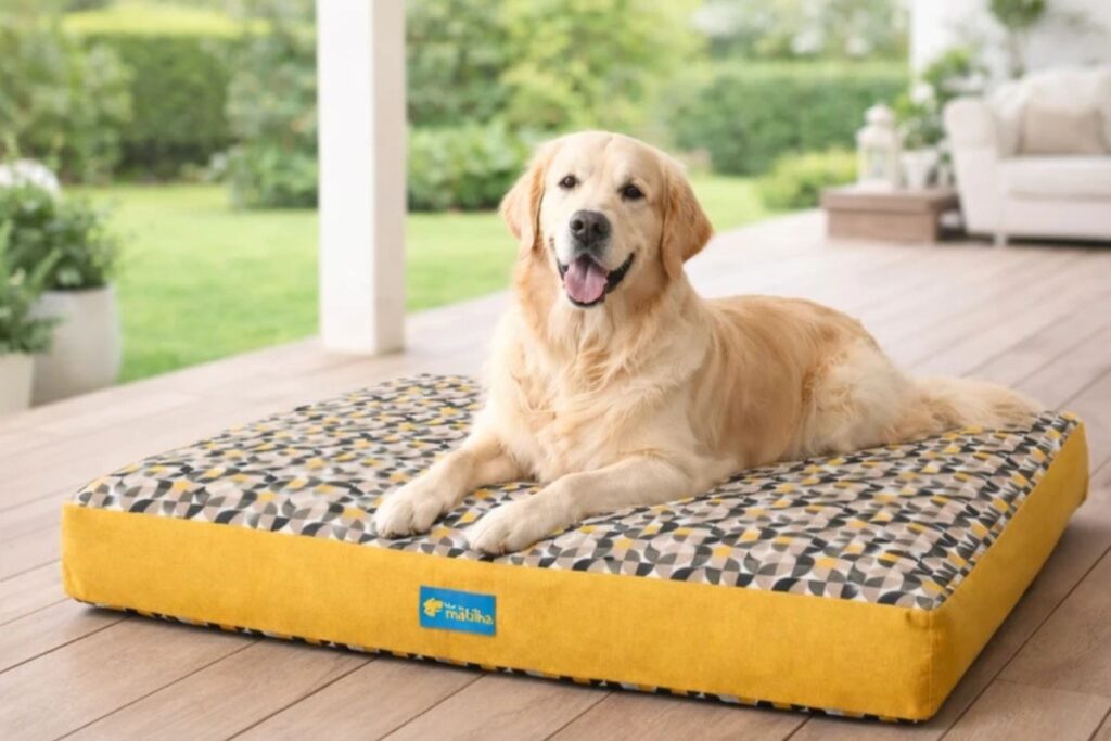 Um cachorro de grande porte com pelagem longa e dourada, da raça Golden Retriever, está deitado de bruços sobre um colchão pet retangular com estampa geométrica cinza e amarela e laterais amarelas, posicionado em um deck de madeira ao ar livre.