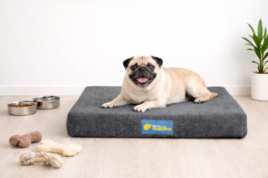 Um cachorro da raça Pug, de pelagem clara e focinho preto, está deitado de bruços sobre um colchonete retangular cinza-escuro com textura rústica, posicionado no chão de um ambiente com parede branca.