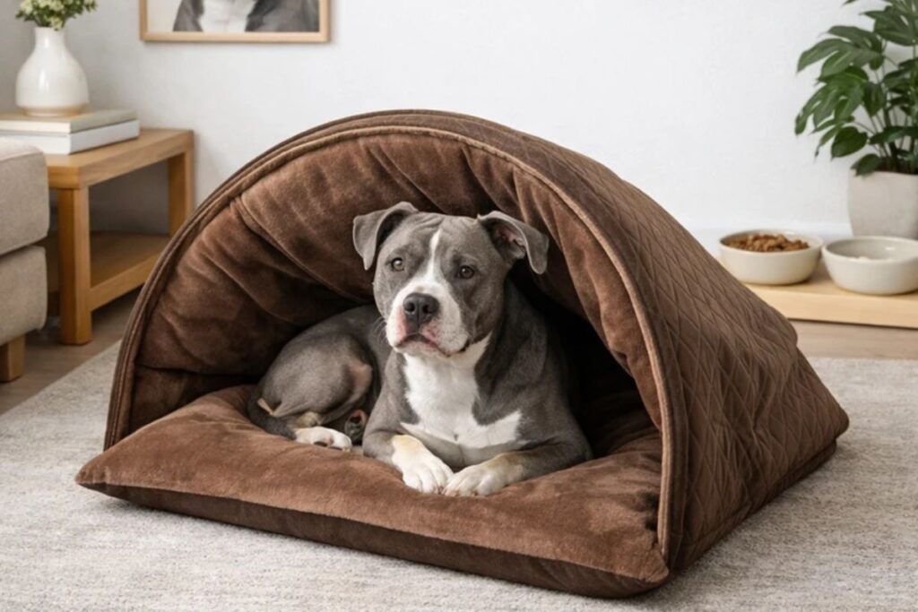 Cachorro de porte médio descansando em cama toca marrom para cães dentro de casa.