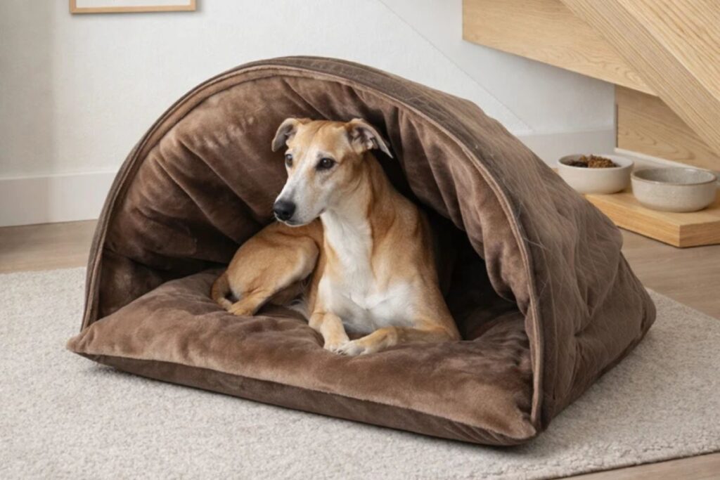 Cachorro de médio porte acomodado em cama toca marrom para pets dentro de casa.