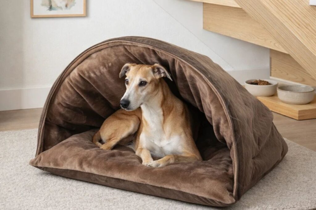 Um cachorro de grande porte com pelagem curta na cor caramelo e branca, de biótipo esguio como um Greyhound, está deitado de bruços com o tronco recolhido dentro de uma cama tipo toca de pelúcia marrom com cobertura em arco, posicionada sobre um tapete claro ao lado de uma escada de madeira.