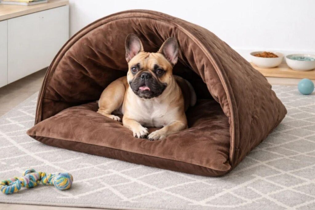 Cachorro Bulldog Francês descansando dentro de uma cama toca marrom para cães.