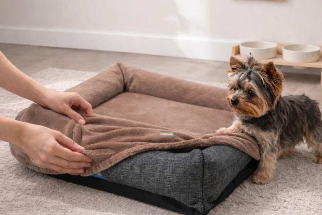 Duas mãos humanas levantam a borda de uma capa de pelúcia marrom, revelando a estrutura cinza-escura de uma cama pet retangular posicionada sobre um tapete claro. À direita, um filhote da raça Yorkshire Terrier observa a ação ao lado de um suporte com comedouros.