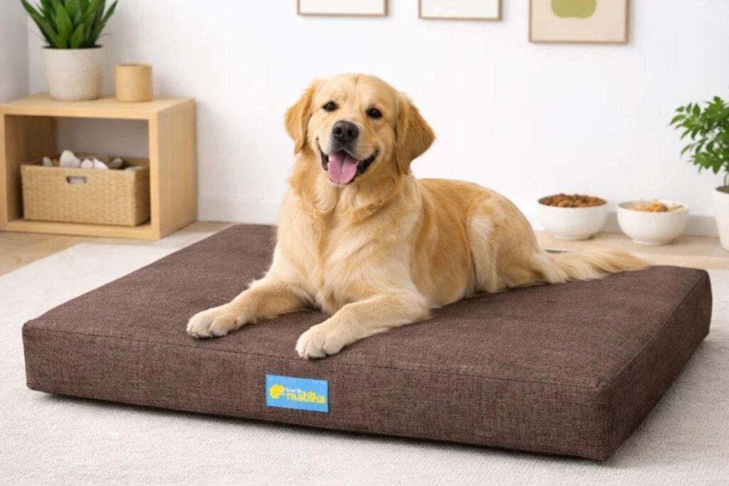 Golden Retriever deitado em colchão ortopédico marrom para cães de grande porte.
