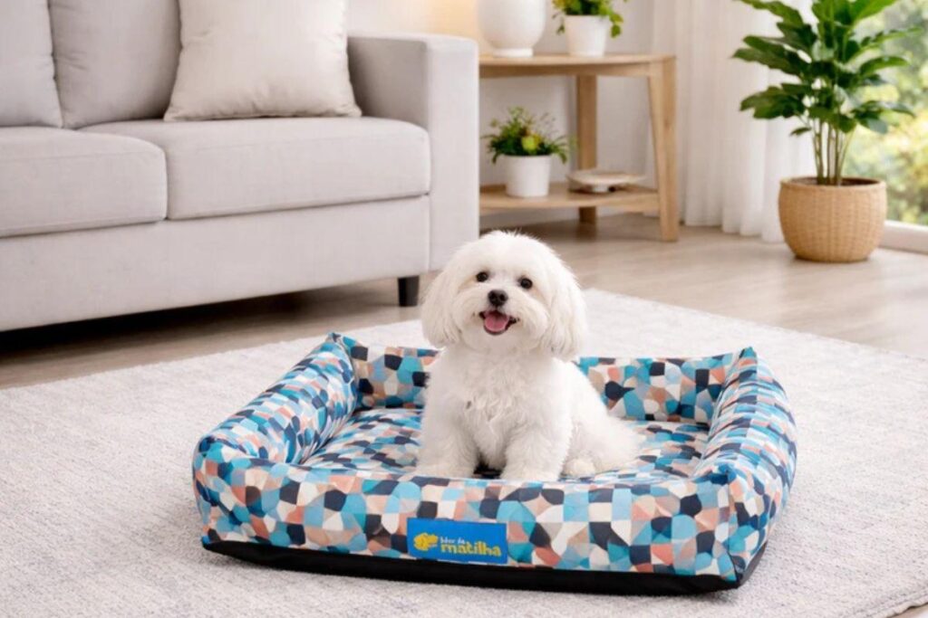 Cachorro branco de pequeno porte sentado em cama pet estampada dentro de uma sala.