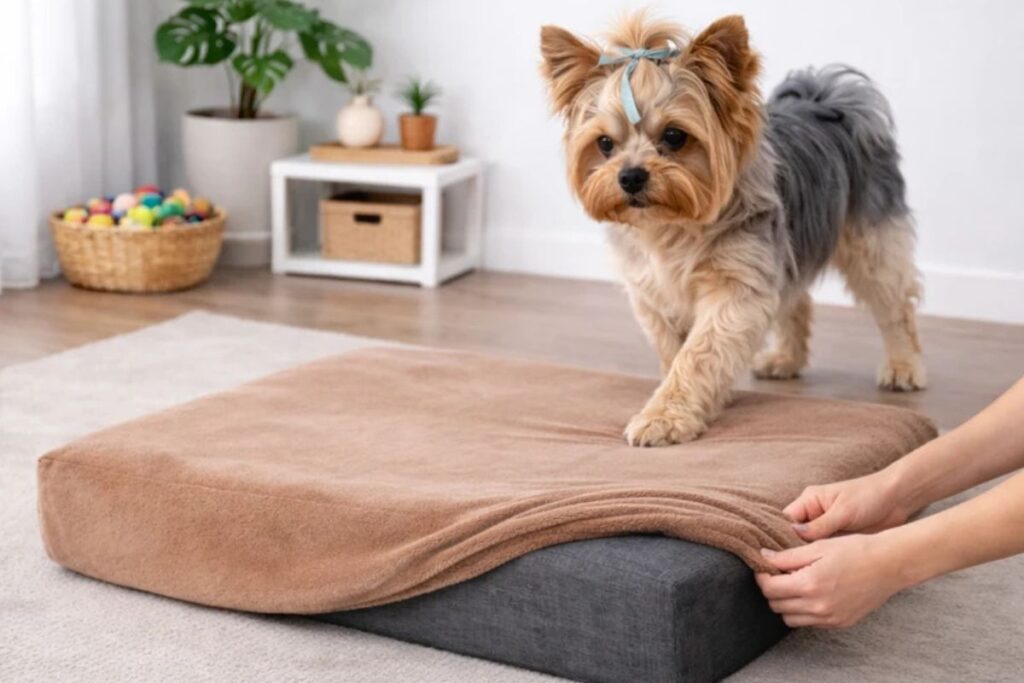 Cachorro da raça Yorkshire em cama pet macia com acabamento em tecido confortável.