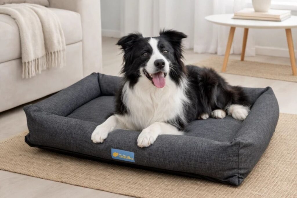 Border Collie deitado em cama pet cinza com bordas acolchoadas em sala residencial.