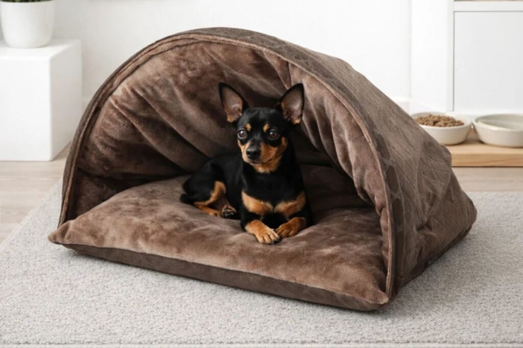 Um cachorro de pequeno porte, de pelagem curta preta e canela, está deitado dentro de uma cama de cachorro coberta em formato de toca marrom, sobre um tapete cinza-claro em um ambiente doméstico.