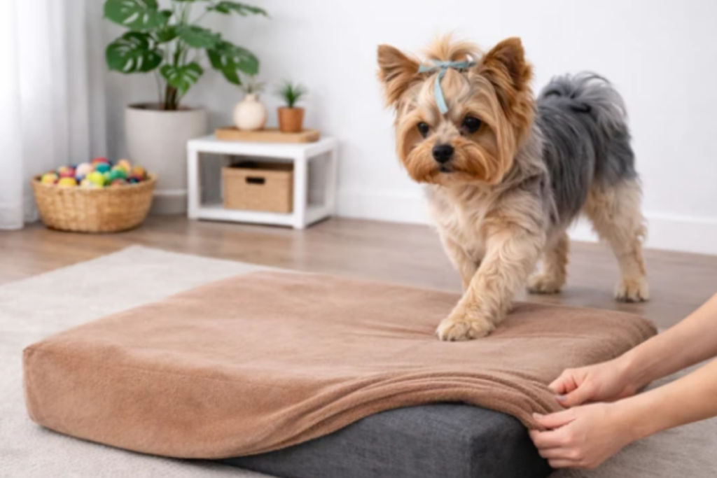 Cão de pequeno porte da raça Yorkshire Terrier com um laço azul na cabeça, em pé e subindo em uma almofada enquanto uma pessoa ajusta sua capa de pelúcia marrom.